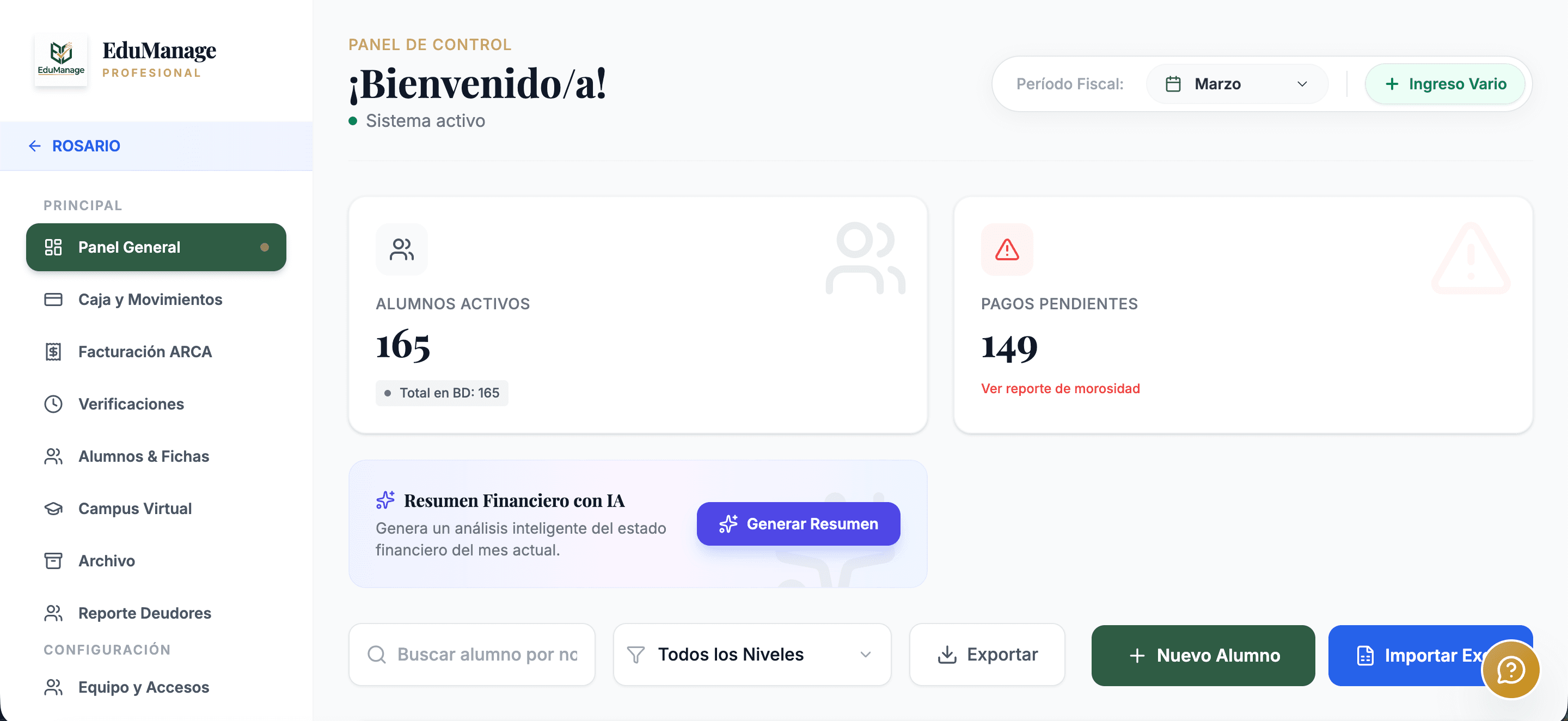 Dashboard de EduManage en producción